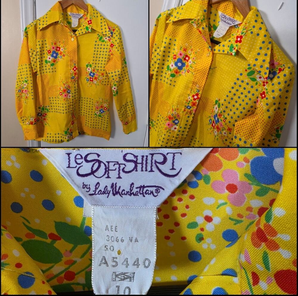 Vintage 1970s Lady Manhattan Button Up Shirt Dagger Collar Yellow Floral Retro